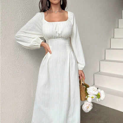 Women's Fashion Square-neck Tie-waist Figure-flattering A-line Dress With Long Sleeves And An Elegant Vibe