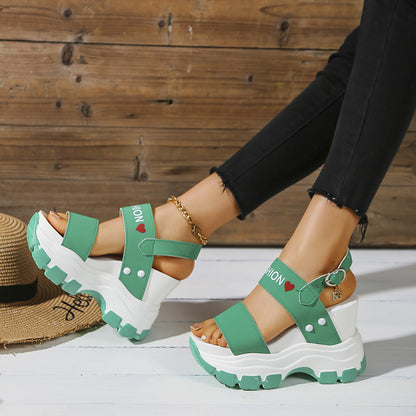 Women's Platform Wedge Sandals - Open Toe Ankle Strap Heels with Metal Buckle