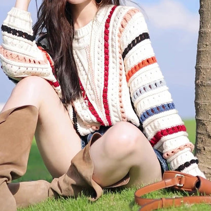 Retro Chic Rainbow Striped Hollow Sweater Round Neck Sweater