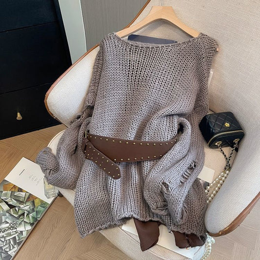 American-style Retro Hollow-out Long-sleeve Sweater With Belt