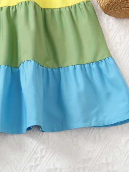 Girls' Spaghetti Strap Color-Blocked Rainbow Cake Dress - Perfect for Outdoor Occasions.