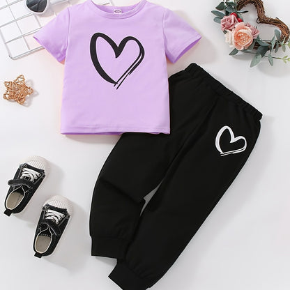 Girls' Fashion Set: Heart Print Round Neck Short Sleeve T-Shirt & Sweatpants 2pcs Casual Cotton Outfit, Perfect for Outdoor