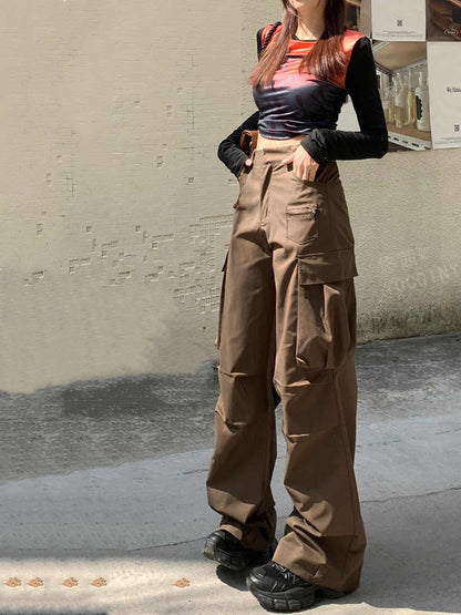 Women's Wide-leg Casual Cargo Pants With Large Pockets And Pleats