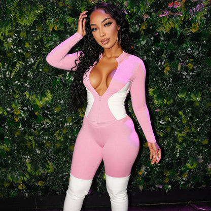 Slim-fit Zipped Fitness Color-block Figure-flattering Jacket And Pants Set