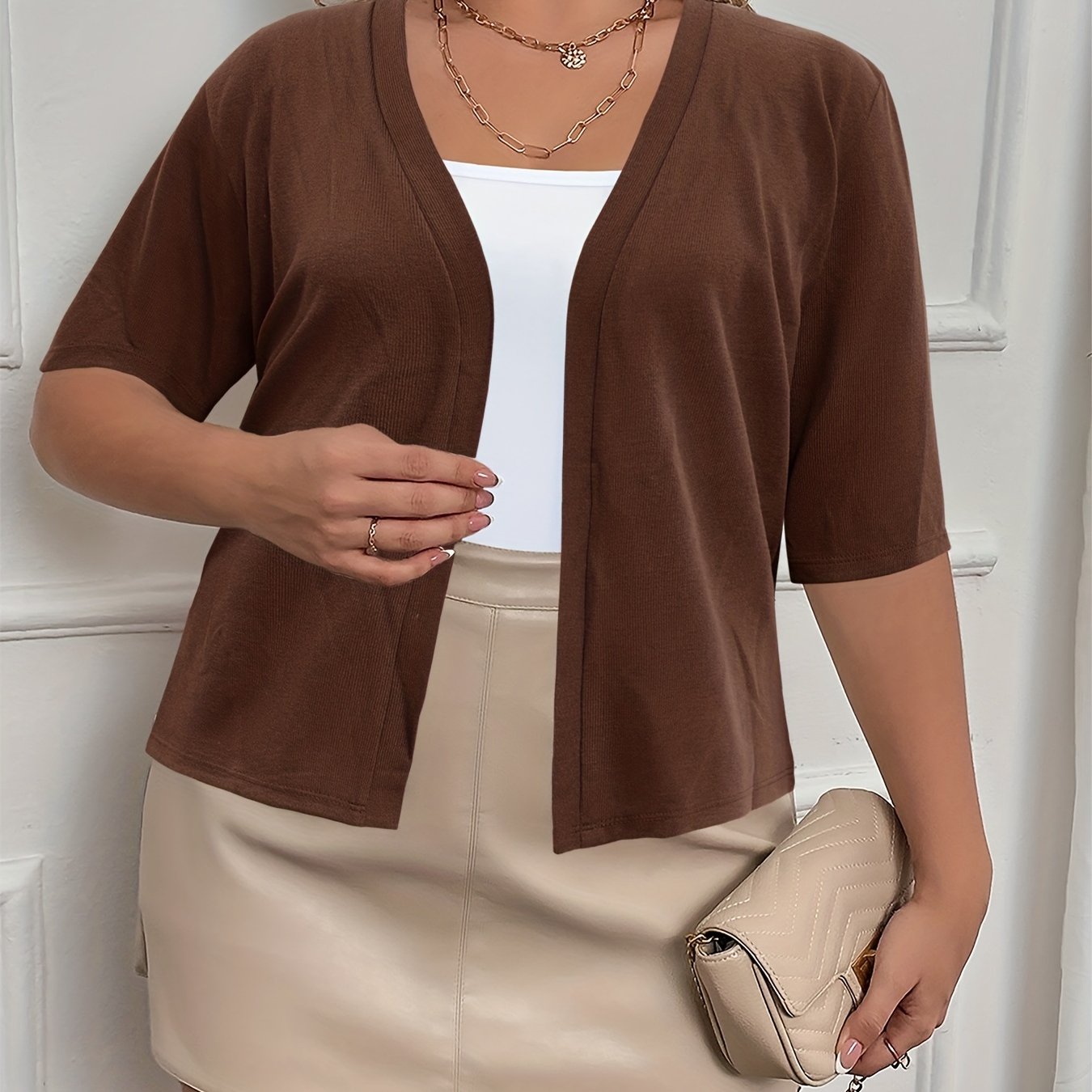 Plus Size Chic Rib-Knit Cardigan - Elegant, Durable & Stretch Fabric for Spring/Summer Comfort