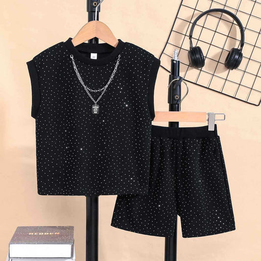 Summer Trendy Sleeveless Vest Boys' Outfit With Starry Sky And Sparkling Rhinestones