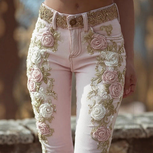 Women's Retro Pink Rose Embroidered Artistic Printed Jeans Elegant