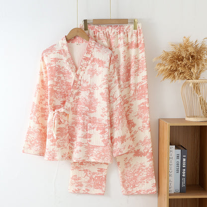Pure Cotton Gauze Lace-up Long Sleeve Trousers Elegant Cotton Homewear Suit