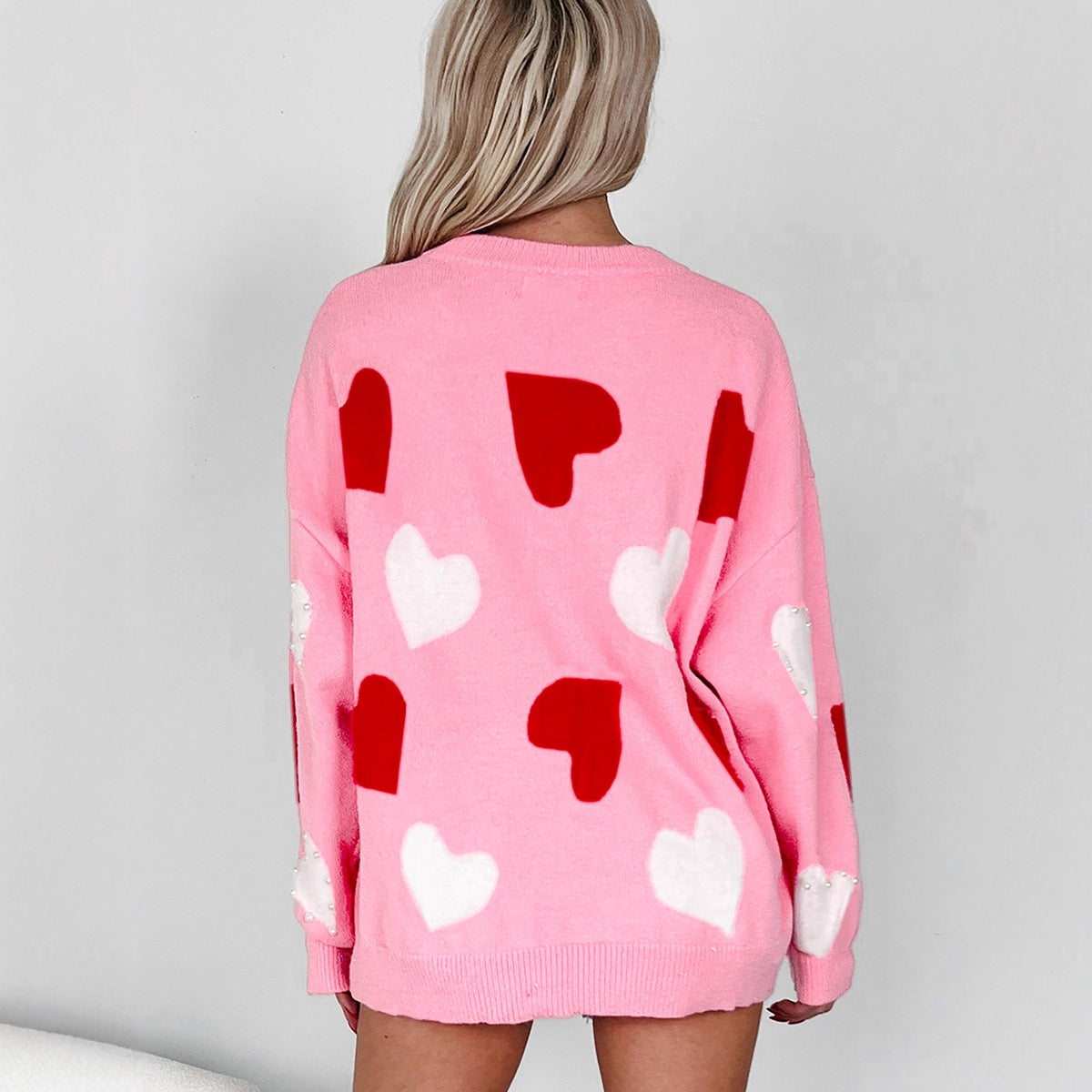 Women's Fashionable And Versatile Heart-Print Crew-Neck Knitted Top