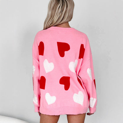 Women's Fashionable And Versatile Heart-Print Crew-Neck Knitted Top
