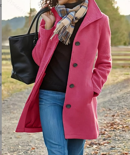 Women's Casual Tweed Coat - Solid Color Mid-Length H-Silhouette Button Front Long Sleeve