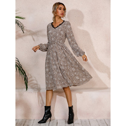 Spring And Summer New Lace V-neck Leopard Print Long-sleeved Mid-length Waist Dress Women