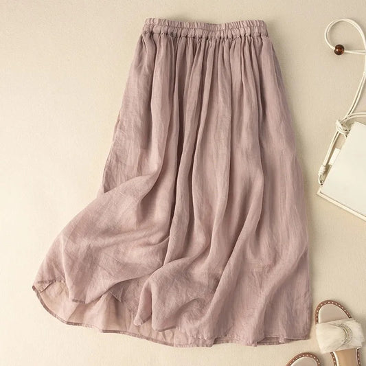 Elastic Waist Literary Retro Cotton And Linen Skirt With Crotch Cover