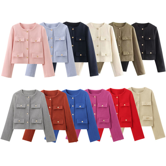 Multi-color Round Neck Casual Short Little Fragrance Style Blazer