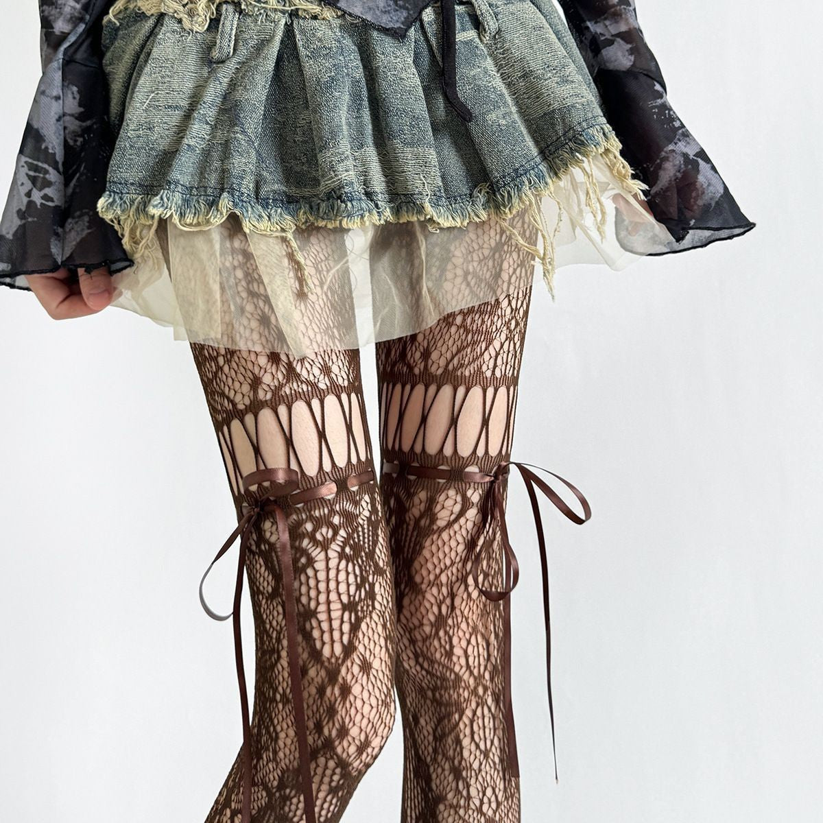 Dark Night Black Ribbon Bow Fishnet Japanese Hollow-out Pantyhose