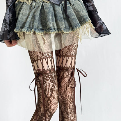 Dark Night Black Ribbon Bow Fishnet Japanese Hollow-out Pantyhose