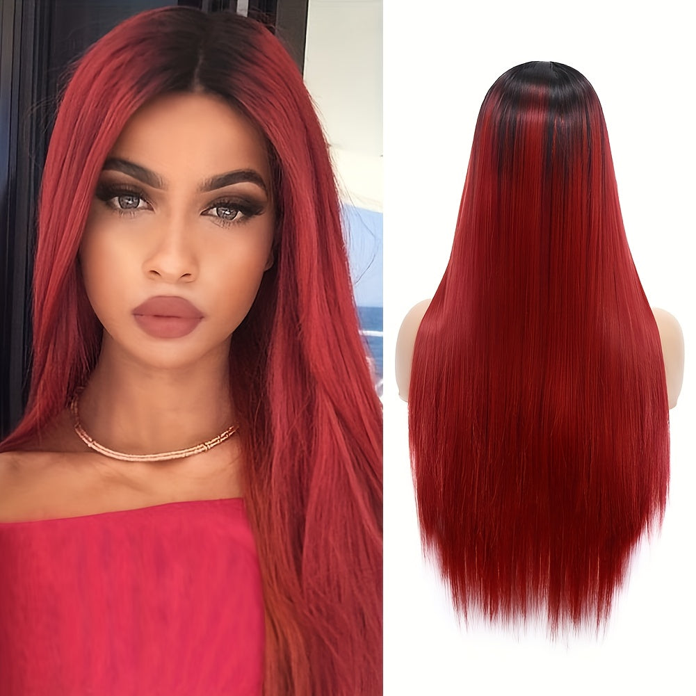 Elegant 26-Inch Black to Blonde Gradient Lace Front Wig - Long Straight Synthetic Hair with Natural Look, Heat Resistant, Ideal for Daily Wear & Cosplay