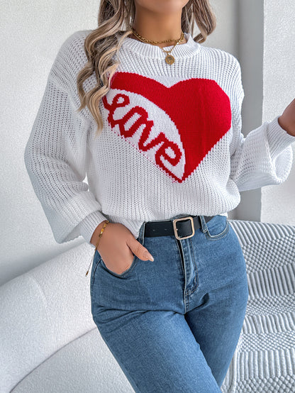 Women Casual Color Block Heart LOVE Long Sleeve Pullover Sweater