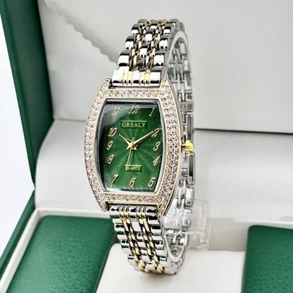 Diamond-encrusted Watch Barrel-shaped Dial Metal Bracelet Quartz Ladies' Watch