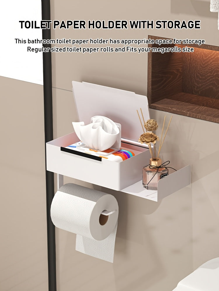 1pc Wrought Iron Bathroom Tissue Holder with Shelf - Self-Adhesive Wall Mounted Toilet Paper Roll Dispenser, Non-Drilling Installation, Multi-Functional Storage for Wet Wipes and Phone, Home Decor