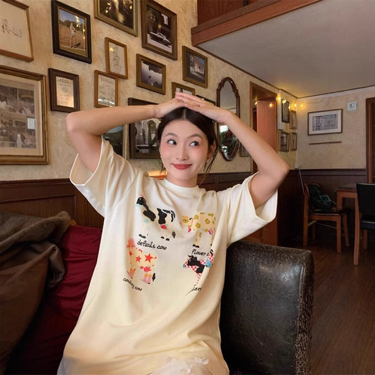 American Retro Cartoon Print Korean Version Loose Versatile Top