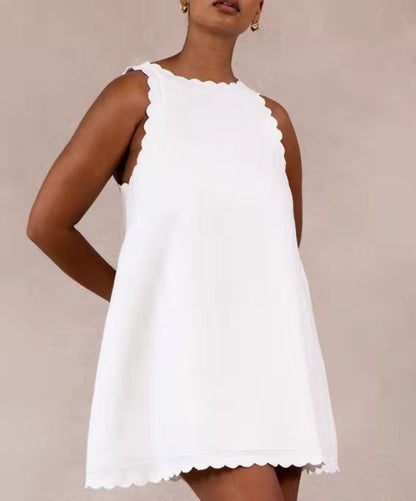 Cotton Hemp Solid Color Embroidered Ruffled Women's Dress