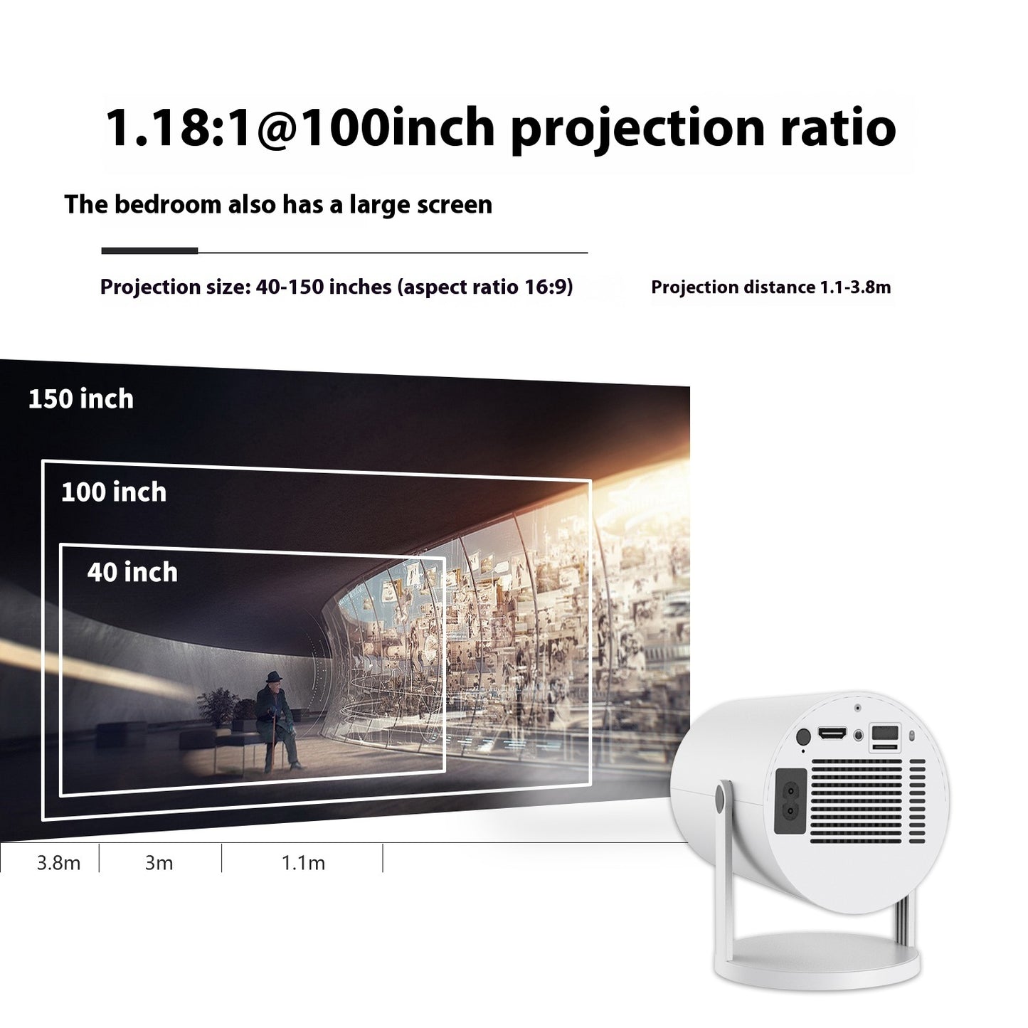 Tragbarer 4K-Mini-Projektor – 180°-Heimkino-Projektor mit Autofokus und HD-1080p-Unterstützung | Kompakter Smart-Videoprojektor