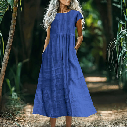 Women's Solid-Color Loose-Fitting All-Match Cotton-Linen Dress With Pockets
