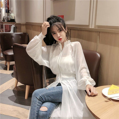 Mid-length Waist-controlled Long Sleeves Women's Coat Chiffon Dress