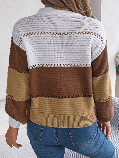 Women Casual Button V-Neck Hollow Out Color Block Lantern Sleeve Pullover Sweater