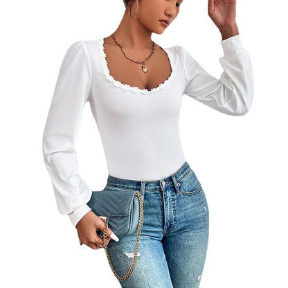 Women's V-neck Puff Sleeve Slim Fit Versatile T-shirt