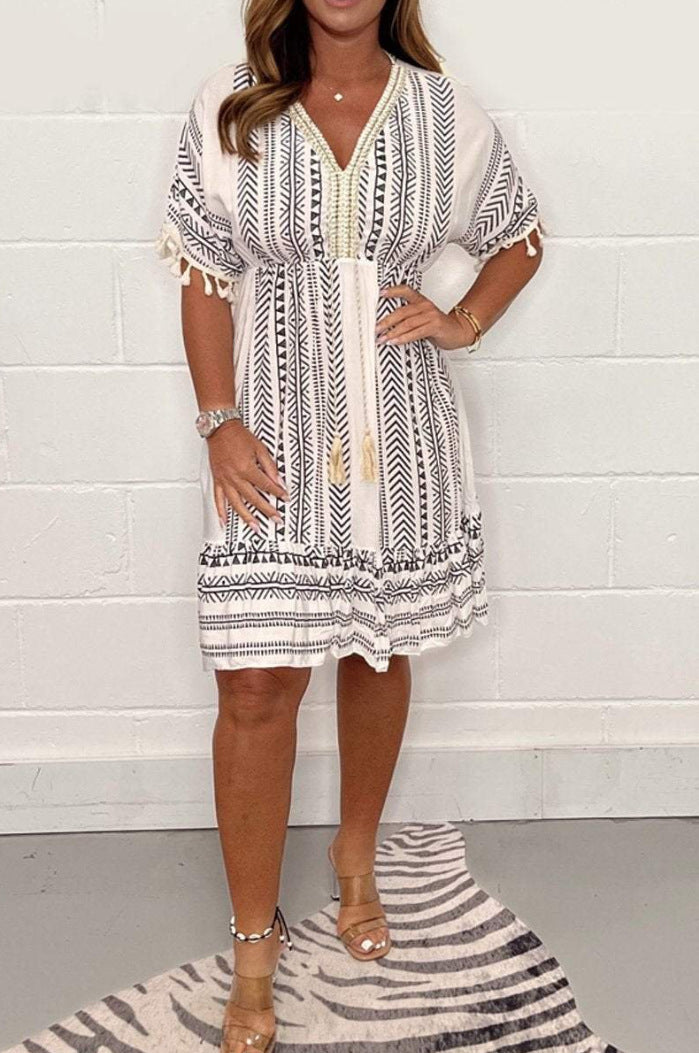 Spring And Summer New Short Sleeve V-neck Mid-length Printed Dress Women