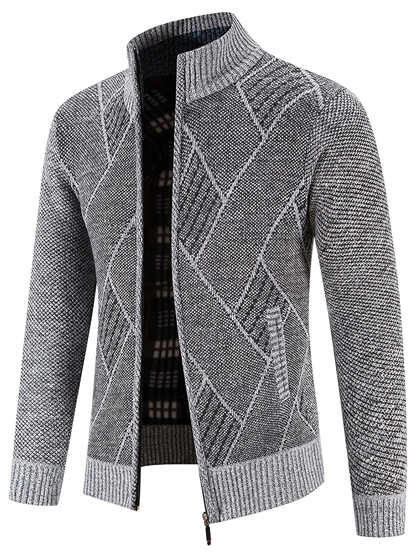 Mens Diamond Plaid Cardigan - Stylish Casual with Refined Stand Collar - Luxuriously Plush & Cozy Warm Knit Zip Up - Eye-Catching Design