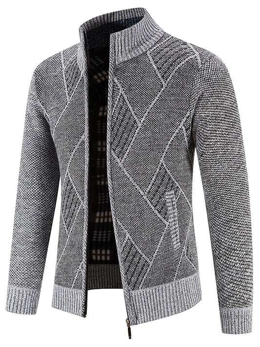 Mens Diamond Plaid Cardigan - Stylish Casual with Refined Stand Collar - Luxuriously Plush & Cozy Warm Knit Zip Up - Eye-Catching Design