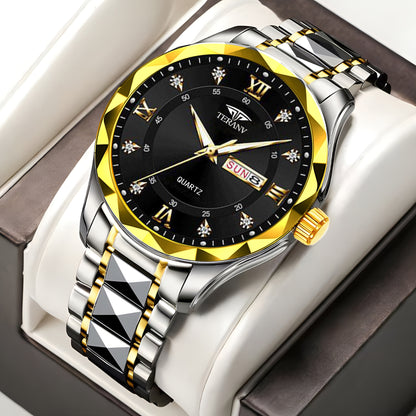 Herren-Armbanduhr mit Diamanten, Muschel und Kalender – Luxusuhr aus Edelstahl