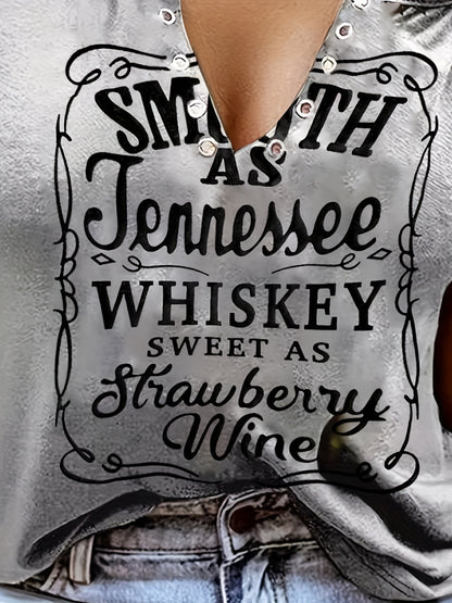 Smooth As Tennessee Whiskey Sweet As Strawberry Wine Women's Tank Top - Soft Pink Sleeveless V-Neck Casual Shirt with Bold Letter Print, Thick Strap Country Music Style, Machine Washable All-Season Wear, Festive Concert Attir