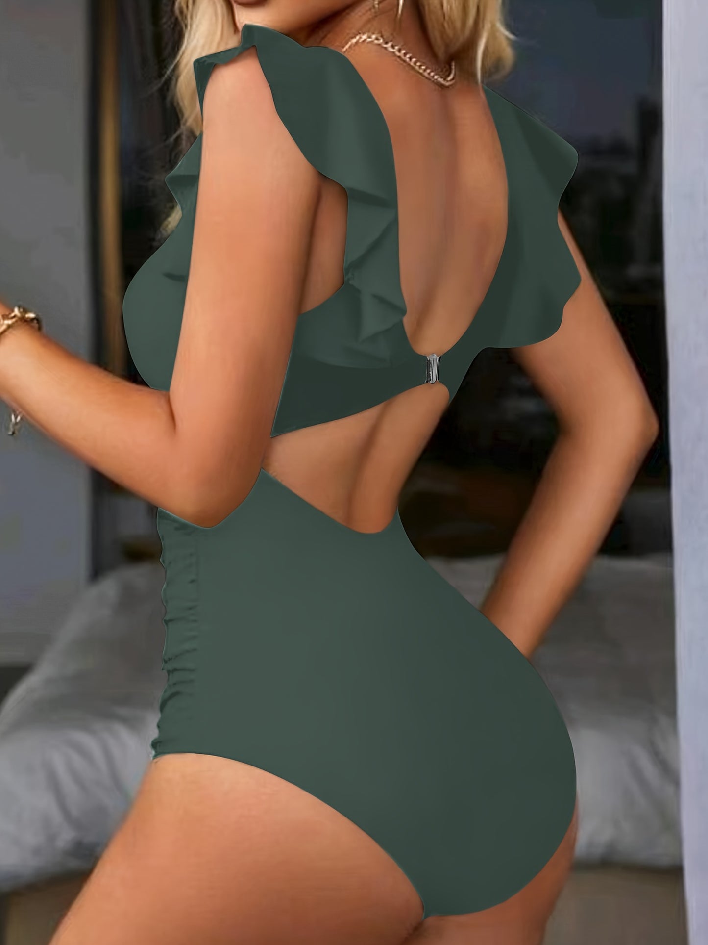 V Neck Ruched One Piece Swimsuit with Flattering Ruffle Accent - Stylish Cut Out Back Buckle Detail & High Cut Leg - Premium Womens Swimwear Bathing Suit