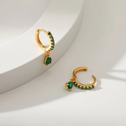 1 Pair of Copper Inlaid Green Water Droplet Pendant Earrings, Retro and Elegant Synthetic Zircon Women's Earrings