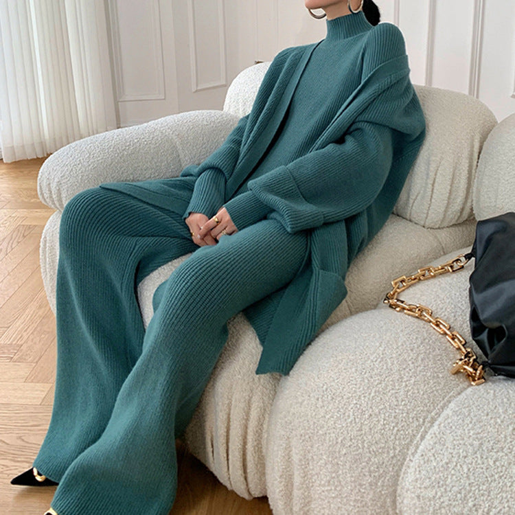 Women's Knitted Wide-leg Pants Sweater Cardigan Three-piece Set