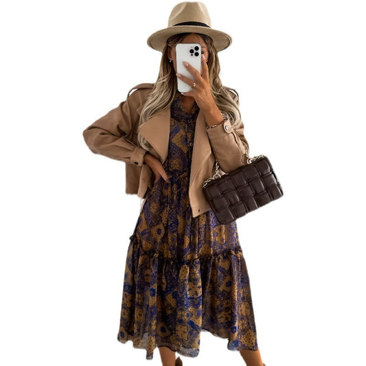 New Long-sleeved Mid-length Printed Dress