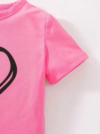 Girls' Fashion Set: Heart Print Round Neck Short Sleeve T-Shirt & Sweatpants 2pcs Casual Cotton Outfit, Perfect for Outdoor