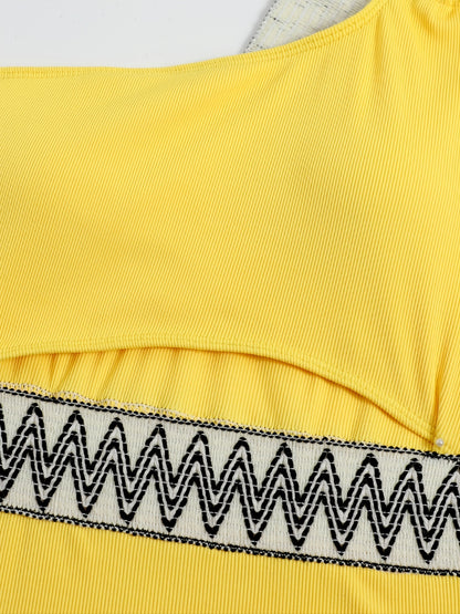 One Shoulder Cut Out Bathing Suit, Ring-Linked Asymmetrical Neck High Cut Bathing Suit, Women's Swimwear & Clothing