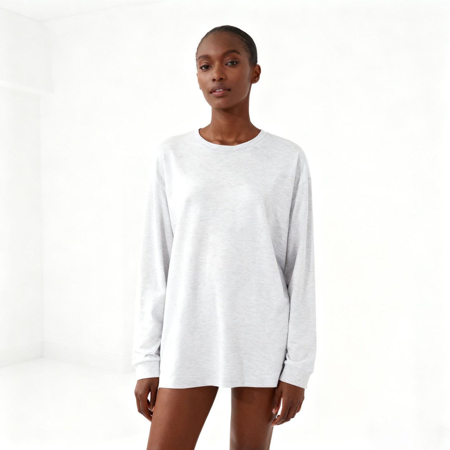 Solid-color Heavyweight Pure Cotton Crew-neck Long-sleeve T-shirt For Women