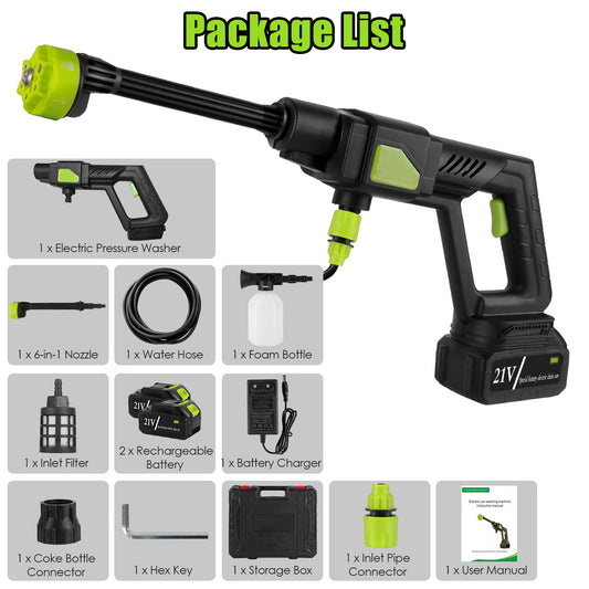 1Set Cordless Pressure Washer Portable Electric Power Washer High Pressure Water Sprayer 435PSI Car Washer Cleaner With 6 In 1 Nozzle Foam Bottle Filter 15000mAh 21V Battery And Charger