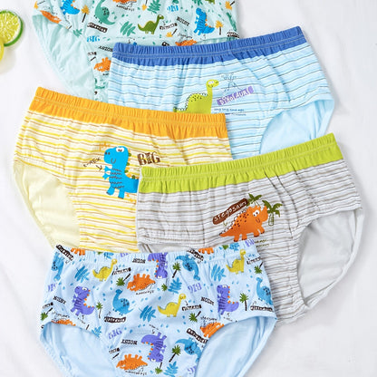 5pcs Boys Dinosaur Paradise Print Boxer Briefs Soft Cotton Comfortable Underwear