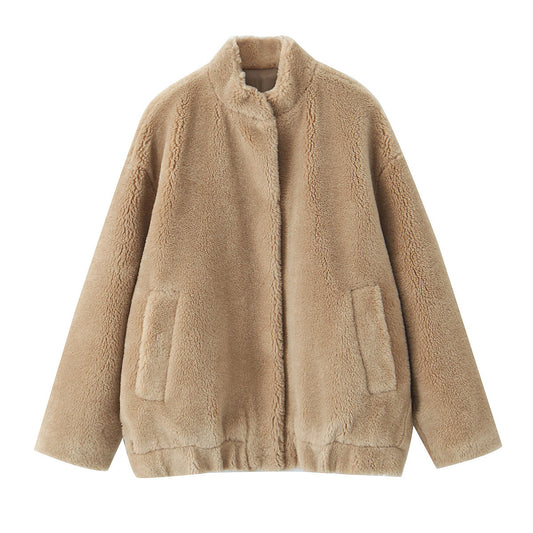 New Casual Instagram-style Women's Solid-color Fleece Flight Jacket