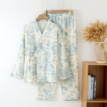 Pure Cotton Gauze Lace-up Long Sleeve Trousers Elegant Cotton Homewear Suit