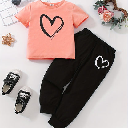 Girls' Fashion Set: Heart Print Round Neck Short Sleeve T-Shirt & Sweatpants 2pcs Casual Cotton Outfit, Perfect for Outdoor