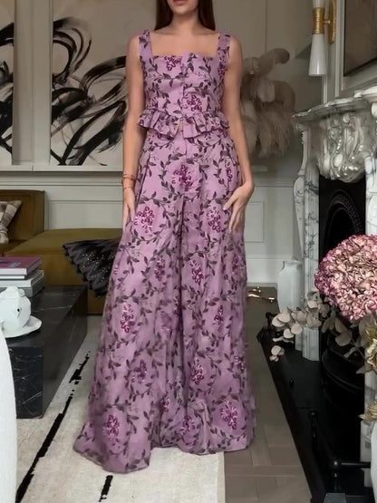 Holiday Floral Print Suspenders & Wide Leg Pants Set