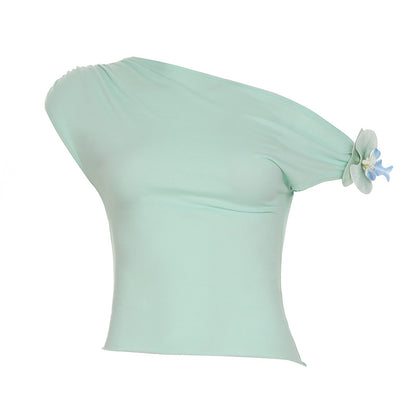 Girly, Sexy, Off-the-Shoulder Pleated 3D Floral Short-Sleeve Cropped T-Shirt